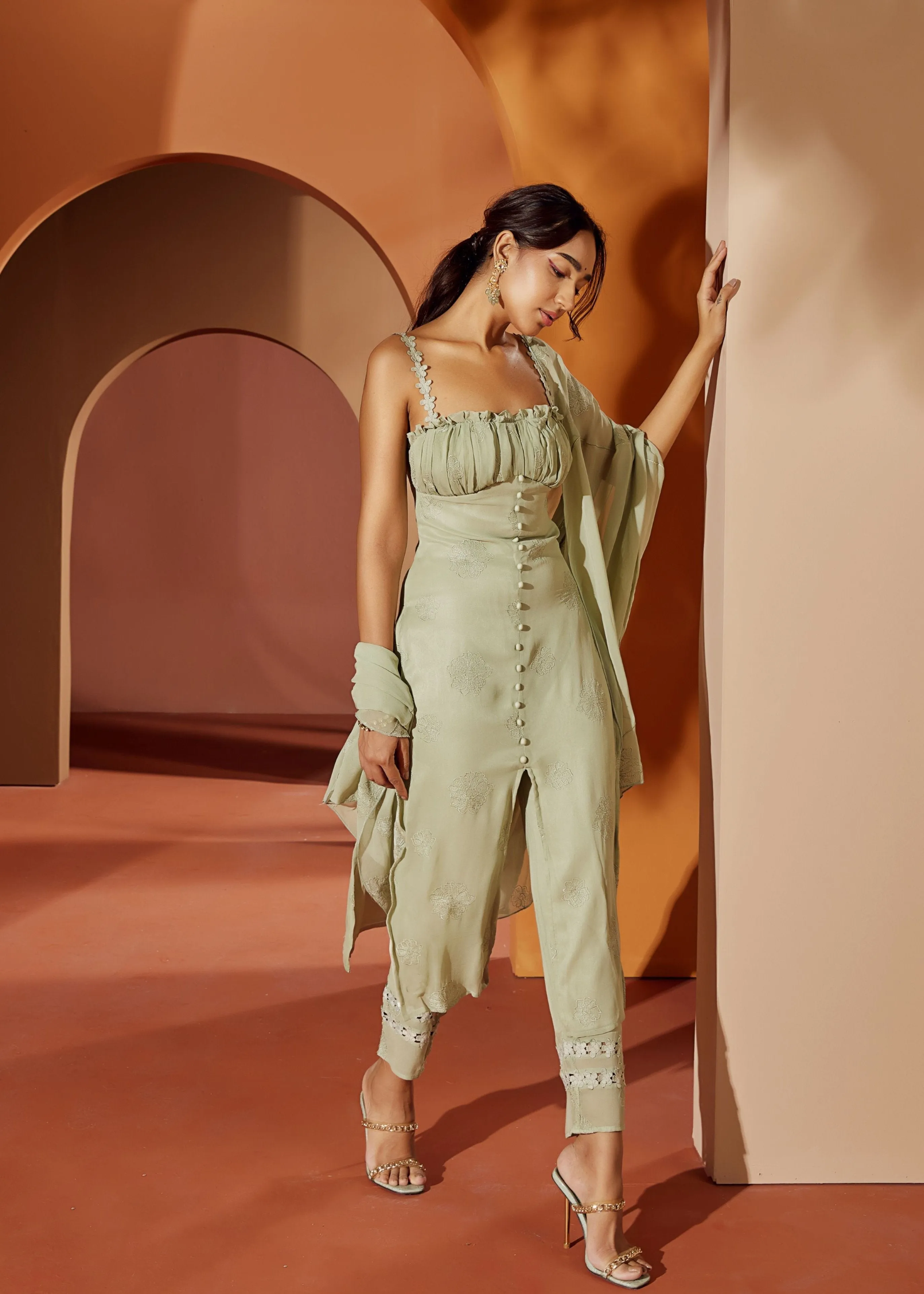 Aarya Sage Green Embroidered Georgette Kurta Set