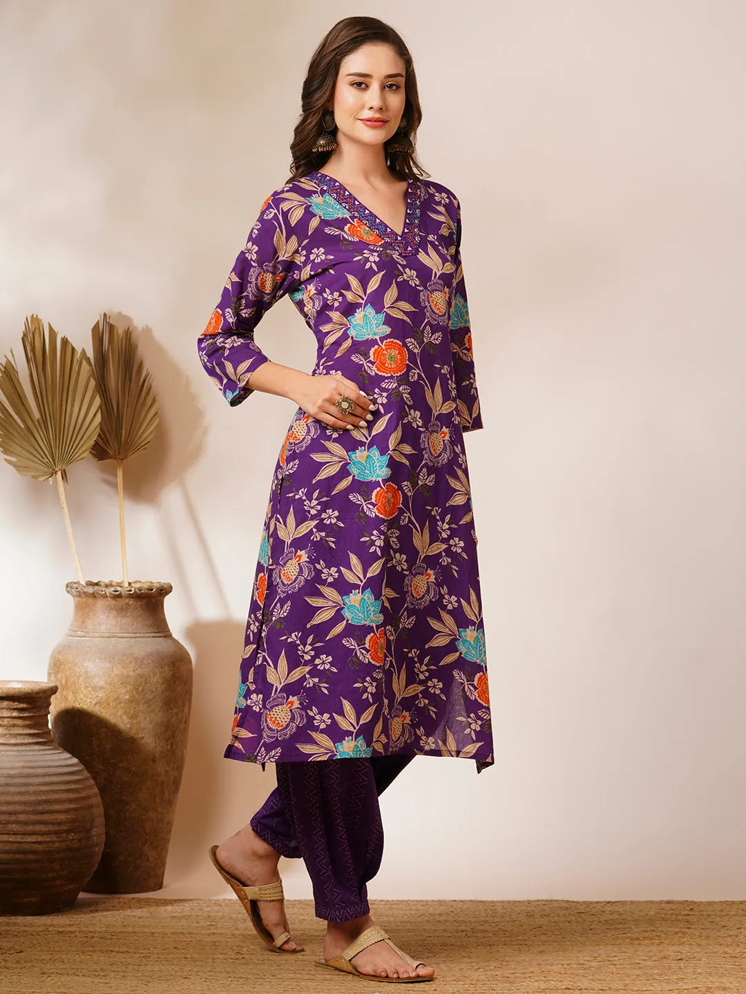 Abstract Floral Printed & Embroidered Straight Fit Kurta with Pant - Deep Purple