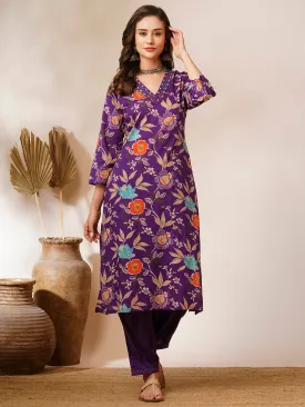 Abstract Floral Printed & Embroidered Straight Fit Kurta with Pant - Deep Purple