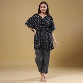 Autumn Leaves with Contrast Stripes on Black Kaftan Pyjama