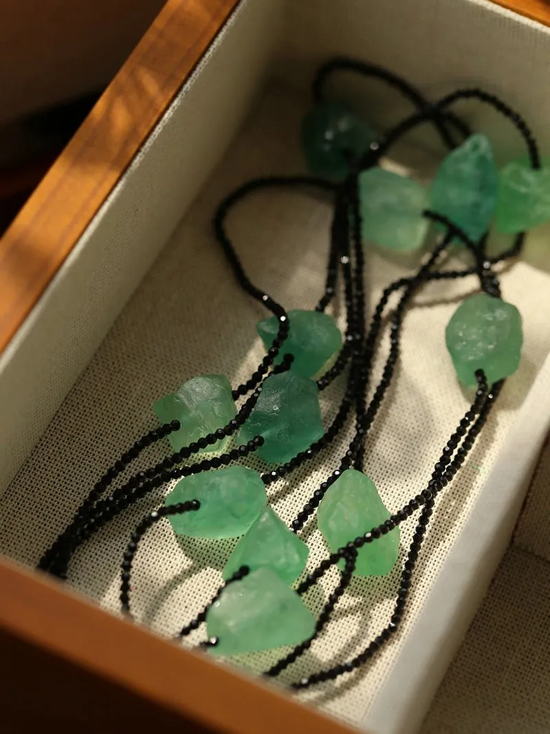 Black Spinel Green Fluorite Long Necklace