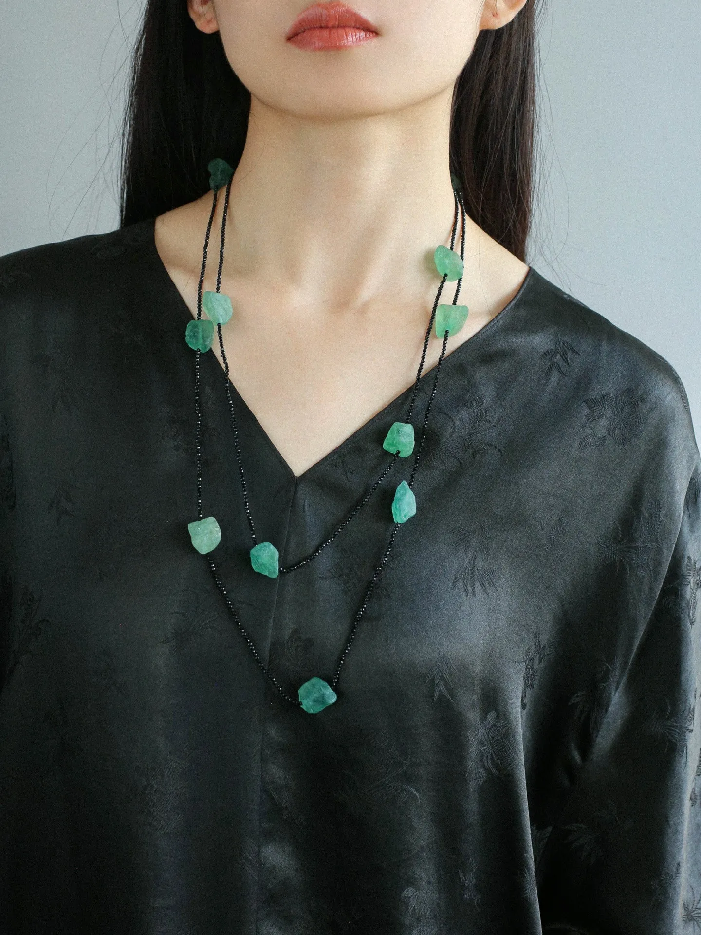 Black Spinel Green Fluorite Long Necklace