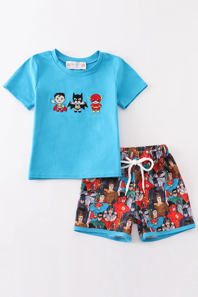 Blue character embroidery boy set