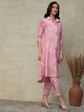 Chevron Printed Wooden Buttoned High-Low Hem Kurta with Pants - Pink