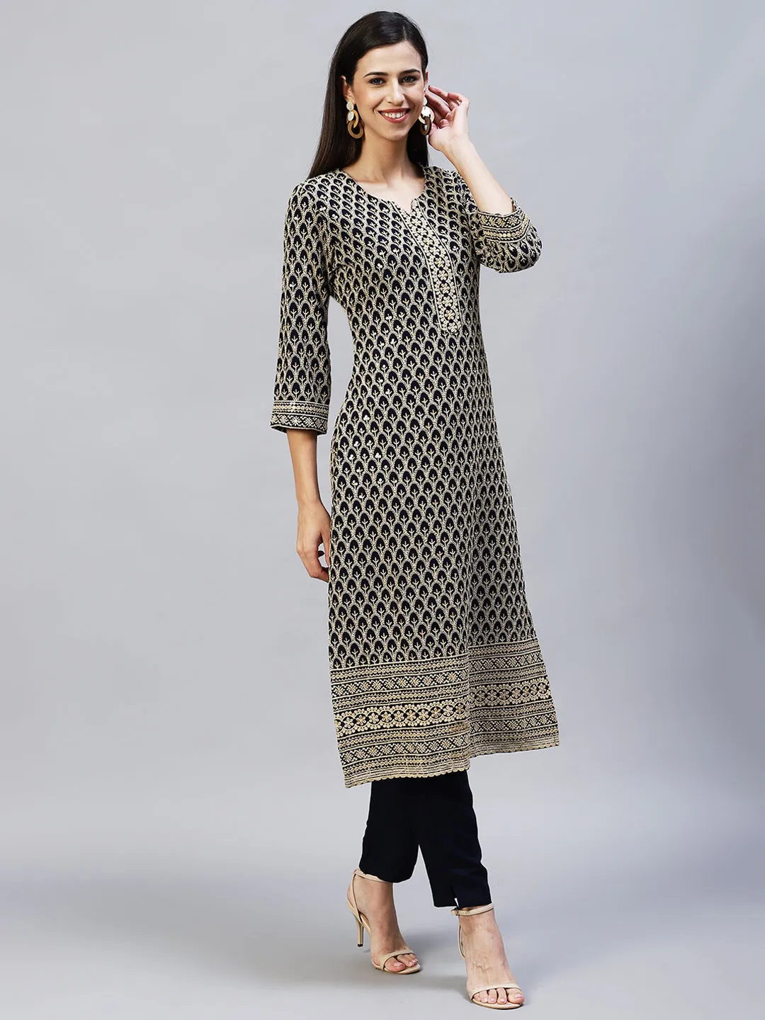 Chikankari Embroidered Straight Kurta with Pants - Navy Blue