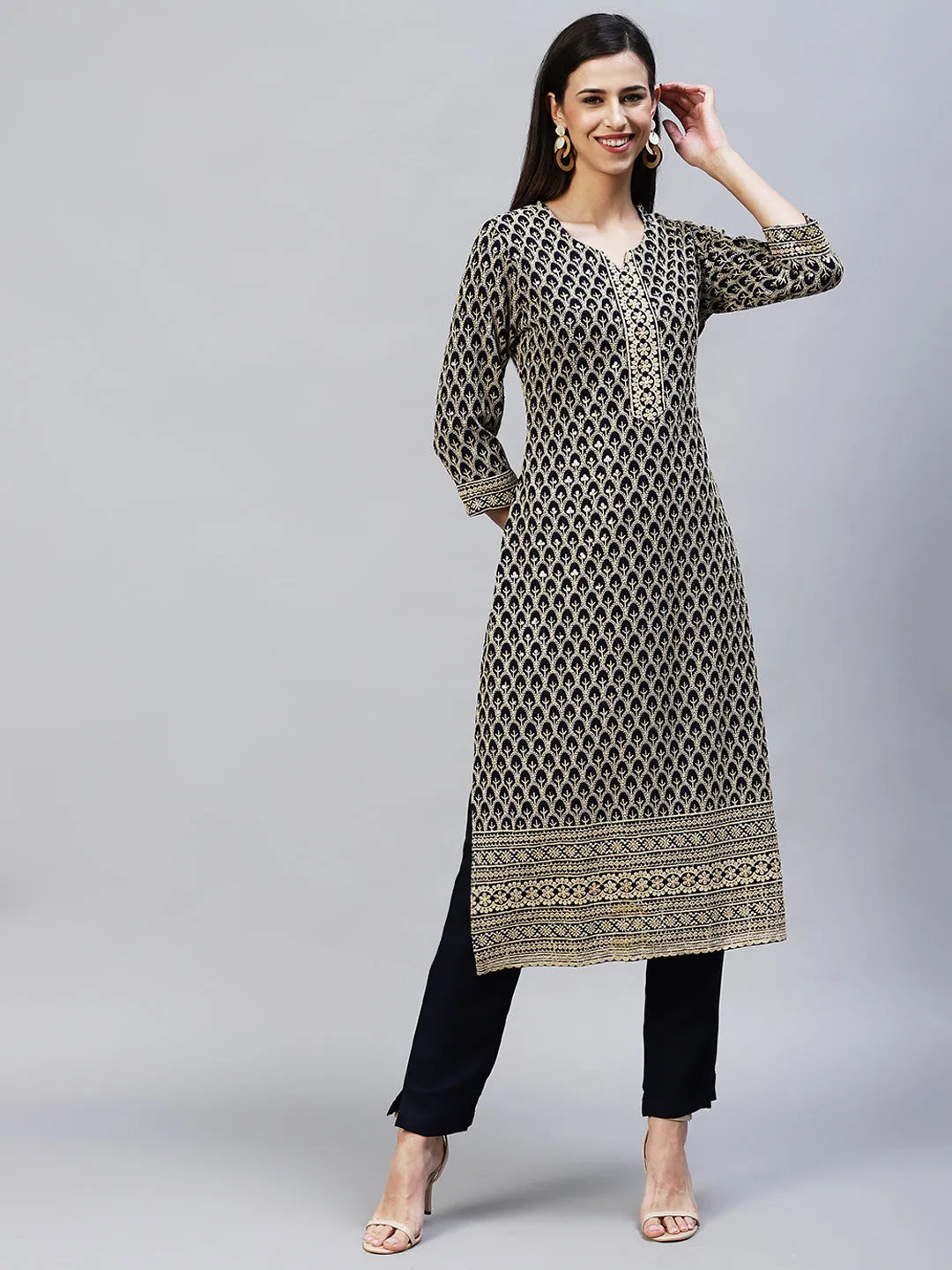 Chikankari Embroidered Straight Kurta with Pants - Navy Blue