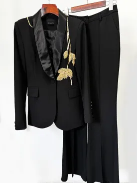 FOGELE Embellished Blazer & Flared Pants Set in Black