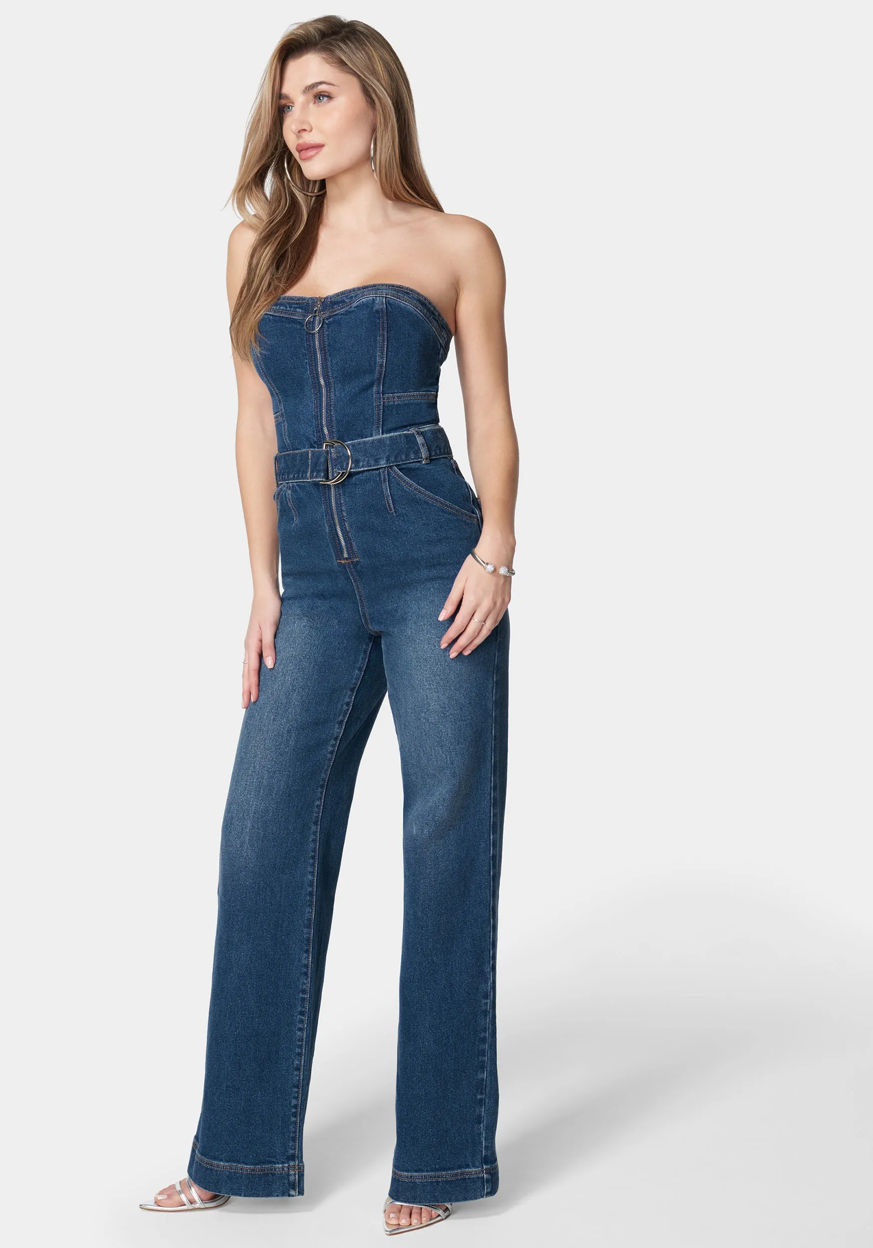 Front Zipper Wide Leg Denim Jumpsuit