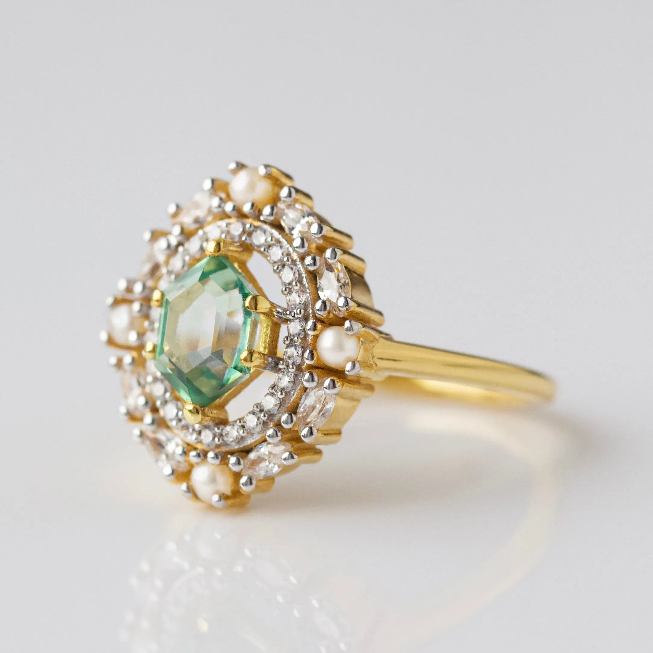 Garden Party Fern Green Topaz & Pearl Halo Vintage Ring