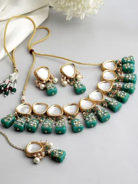 Gold Plated Dark Green Tumble Studded Polki Kundan Choker Necklace Set