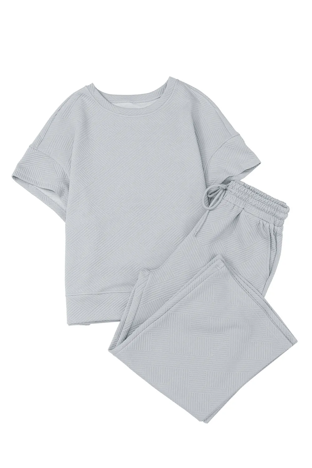 Gray Textured Loose Fit T Shirt & Drawstring Pants Set