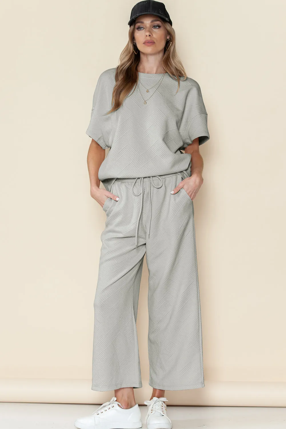 Gray Textured Loose Fit T Shirt & Drawstring Pants Set