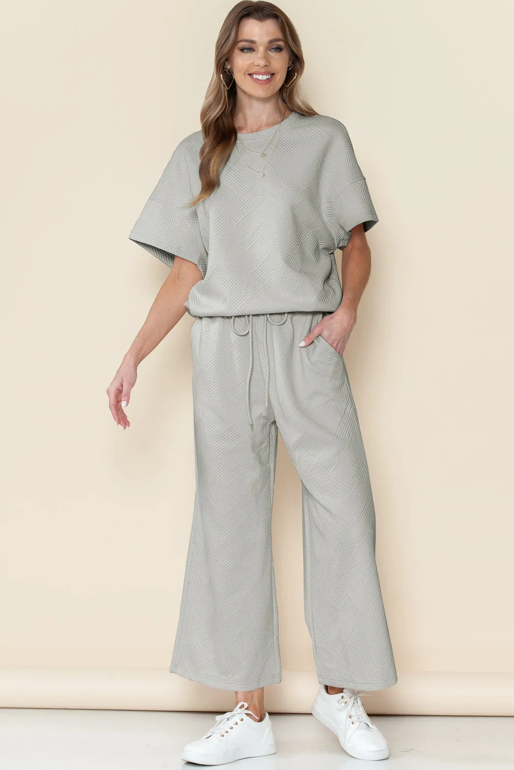 Gray Textured Loose Fit T Shirt & Drawstring Pants Set