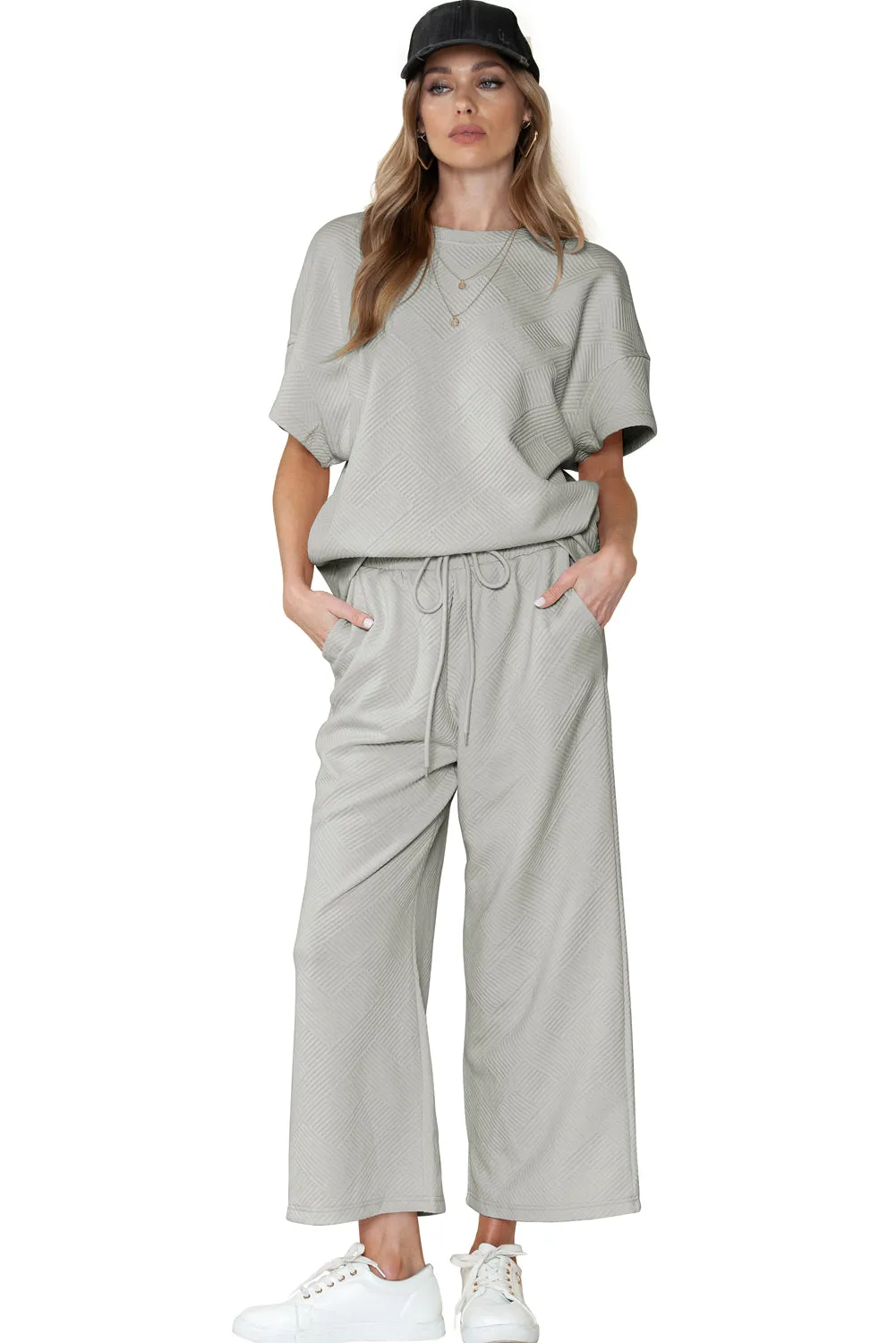 Gray Textured Loose Fit T Shirt & Drawstring Pants Set