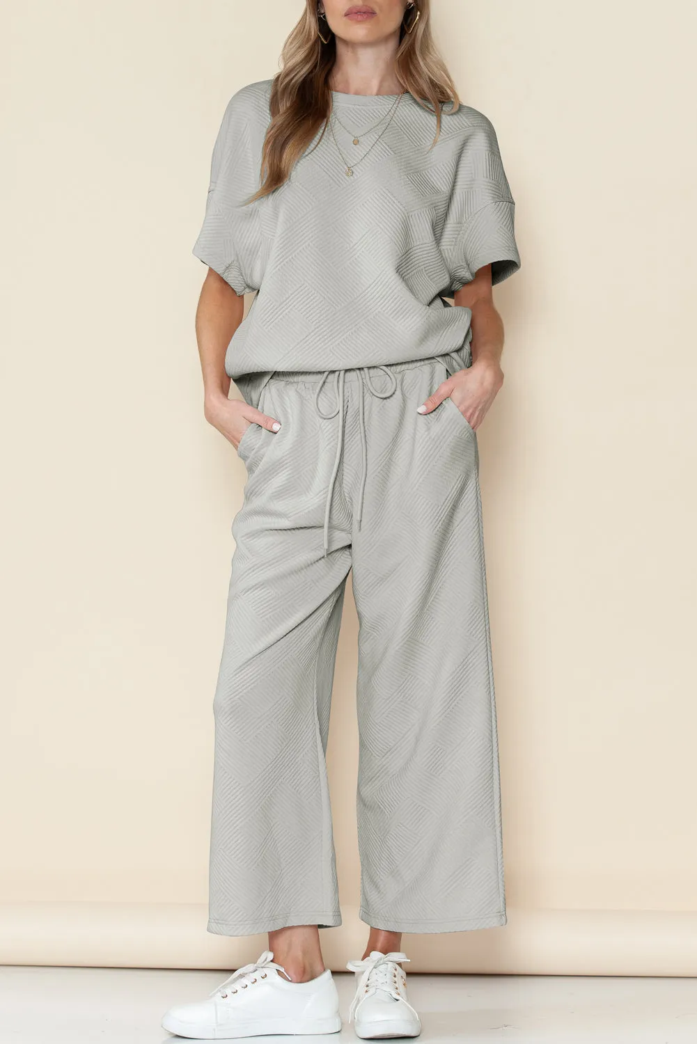 Gray Textured Loose Fit T Shirt & Drawstring Pants Set