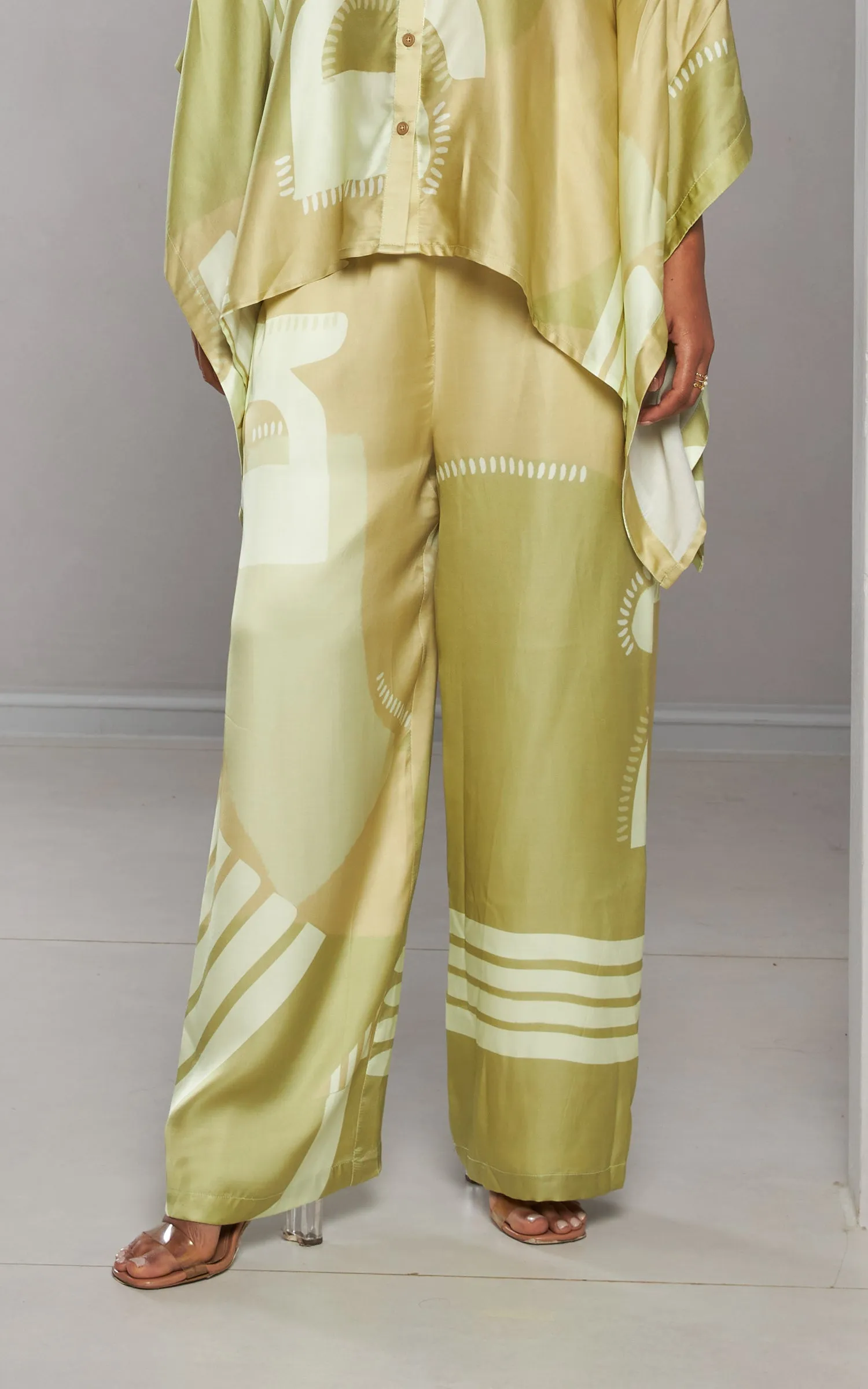 Green Abstract Printed Satin Pants.