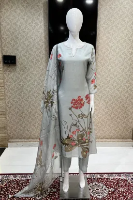 Grey Digital Print, Beads, Pearls and Sequins work Straight Cut Salwar Suit