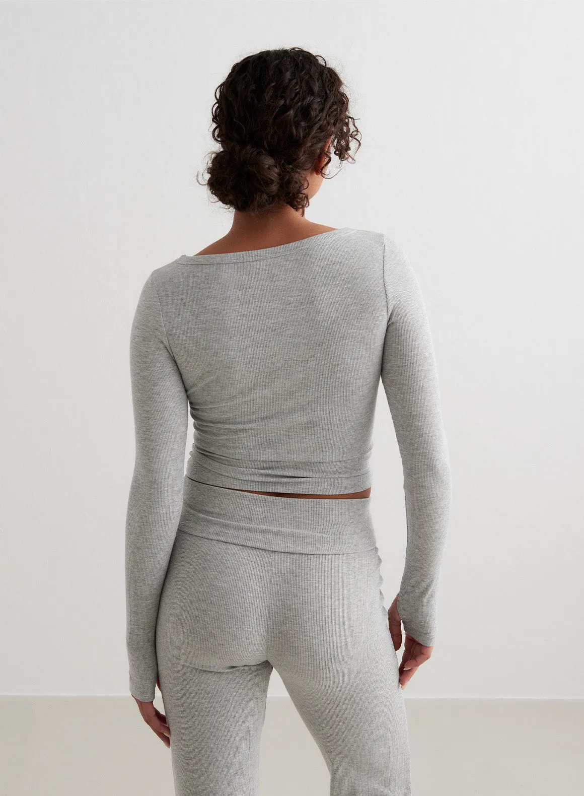 Grey Melange Ease Ribbed Long Sleeve Top