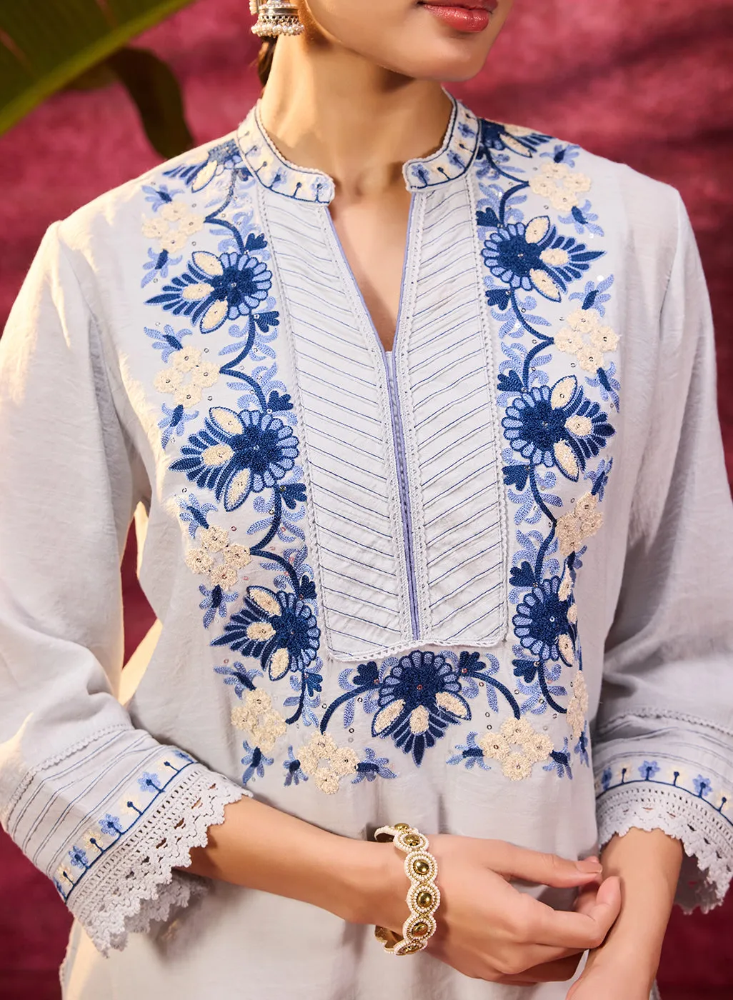 Gulbahar Powder Blue Embroidered Kurta for Women