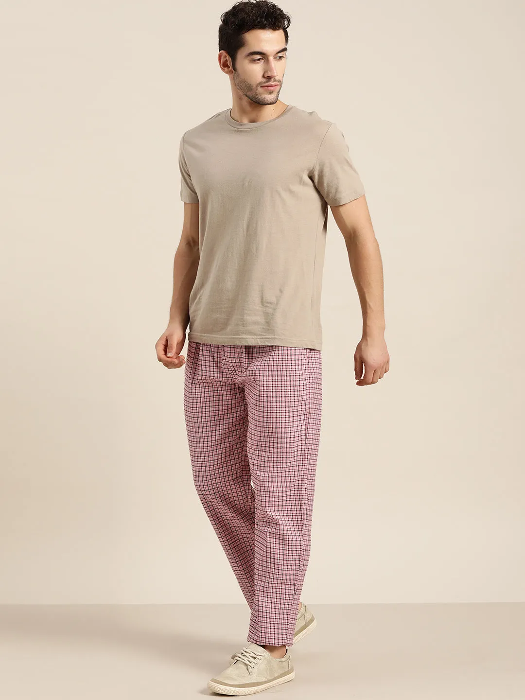 Men's Cotton Pink & White Checked Track Pant - Sojanya