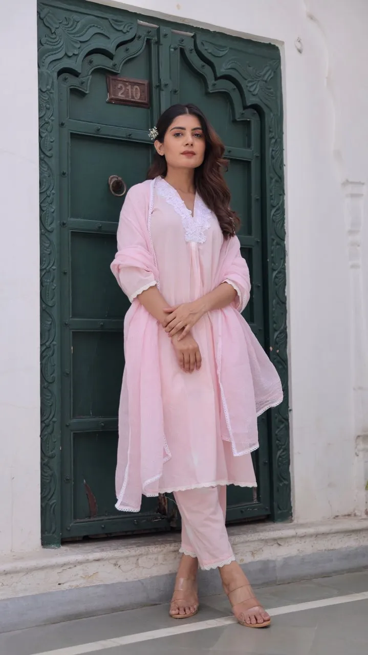 Pink Cotton Tie & Dye White Lace Straight Set with Doriya Dupatta