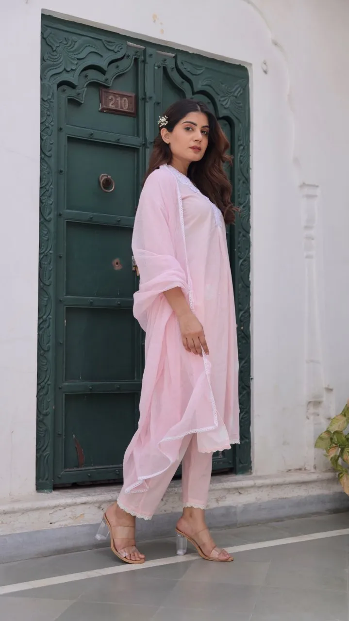 Pink Cotton Tie & Dye White Lace Straight Set with Doriya Dupatta