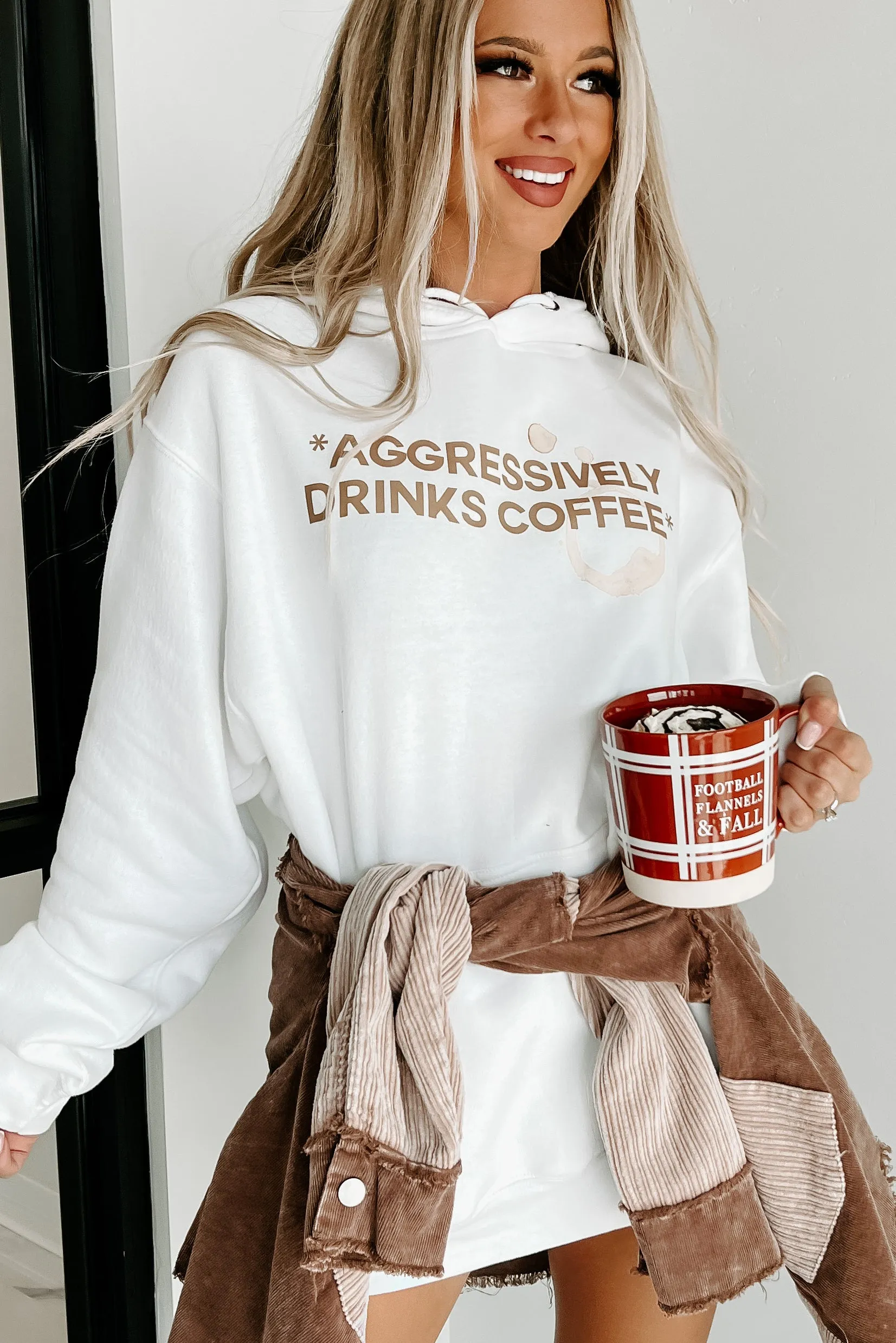 "Aggressively Drinks Coffee" Graphic Hoodie (White) - Print On Demand