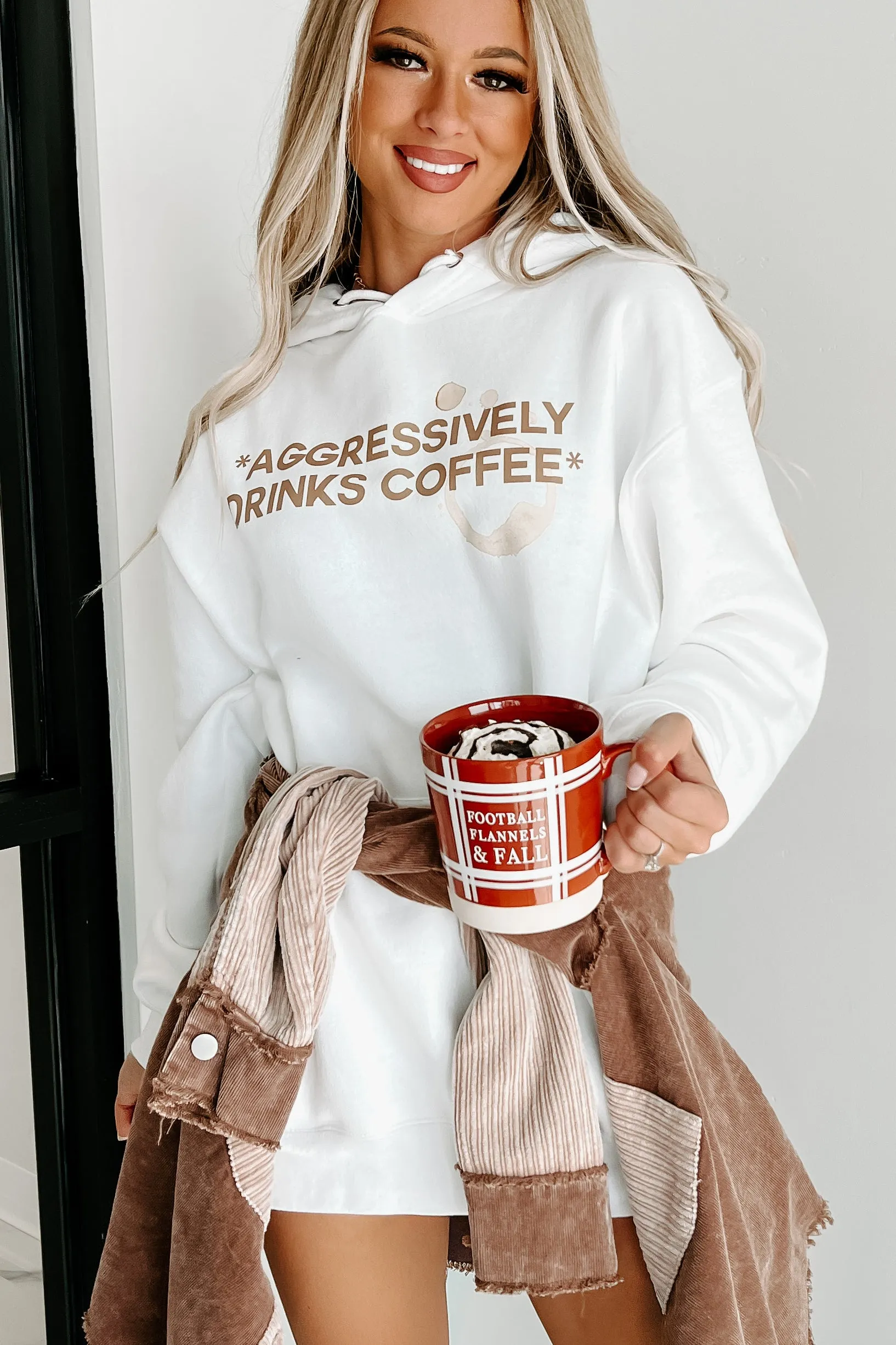 "Aggressively Drinks Coffee" Graphic Hoodie (White) - Print On Demand