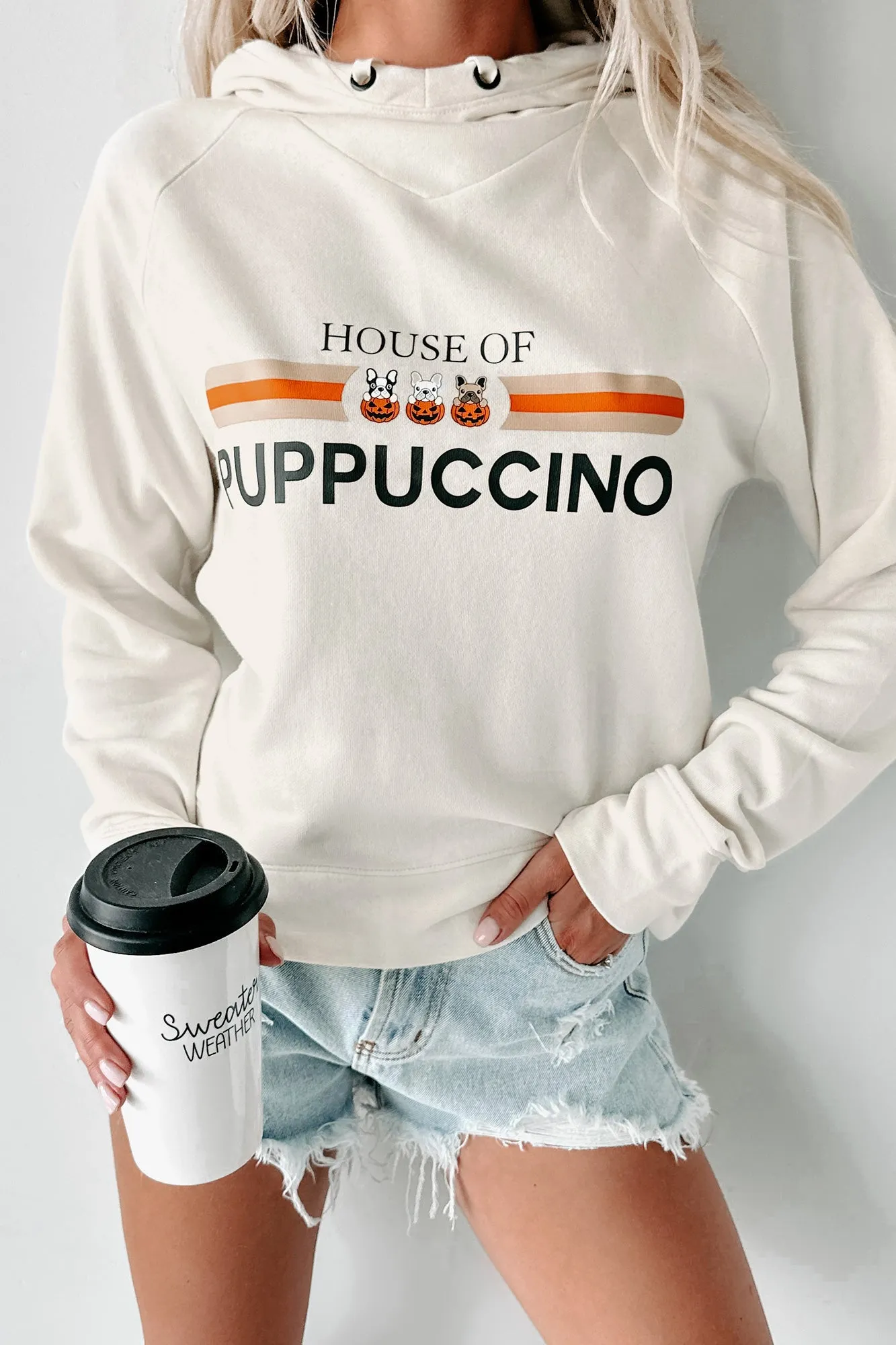 "House Of Puppuccino" Cowl Neck Graphic Hoodie (Ecru) - Print On Demand