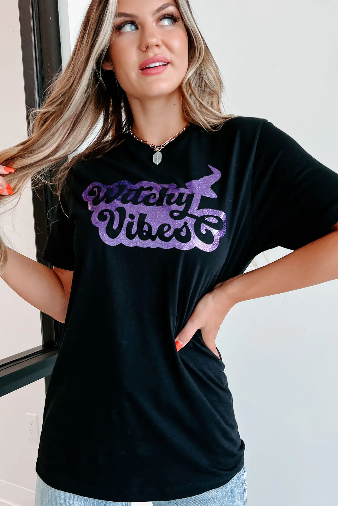 "Witchy Vibes" Glitter Graphic - Multiple Shirt Options (Black) - Print On Demand