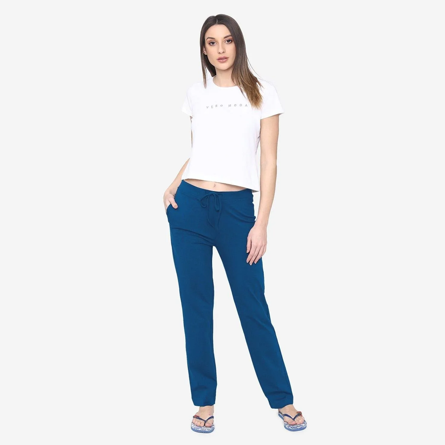 Vami Plain Cotton Rich Relax Lower For  Women - Blue